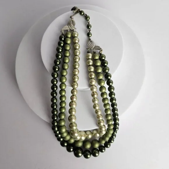 Vintage Olive Green Ombre Faux Pearl Necklace & Clip-On Earrings Set – 17" - Picture 9 of 16